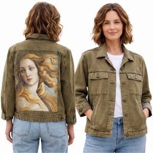 Azure Skies Olive Utility Jacket Botticelli Venus Back Graphic Cotton M Like New